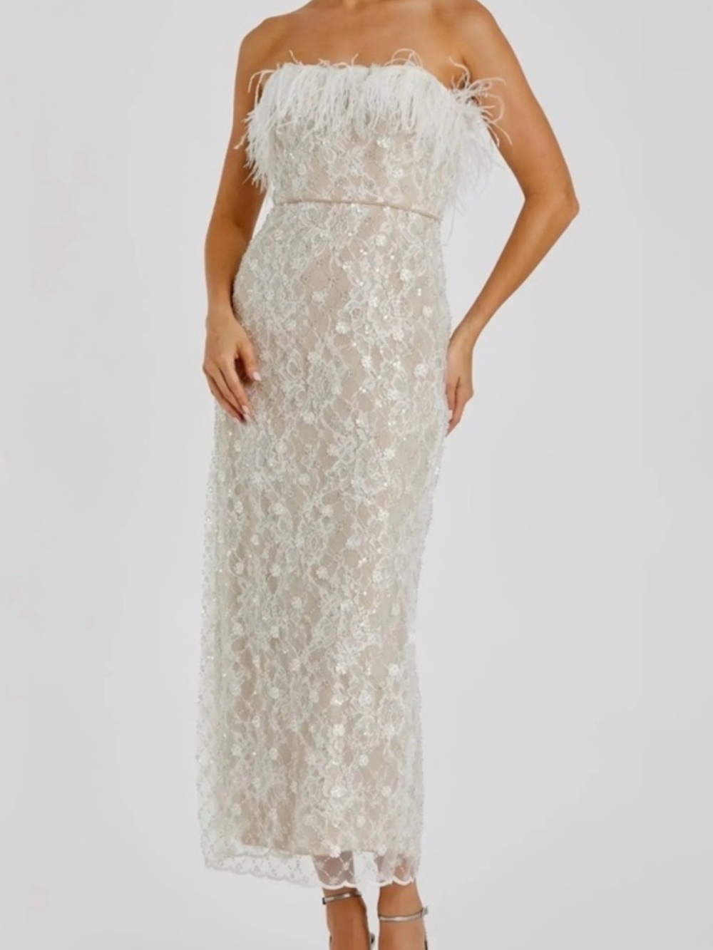Mac Duggal Ivory Lace Strapless Feather-Trim Midi Dress